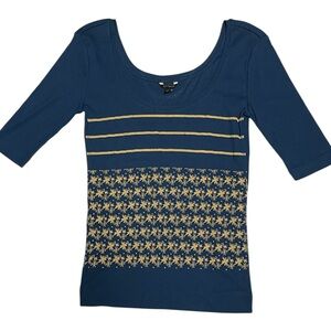 ANN TAYLOR PULLOVER TOP WOMEN BLUE/GOLD COLOR LINES & FLOWERS PATTERN SIZE M **